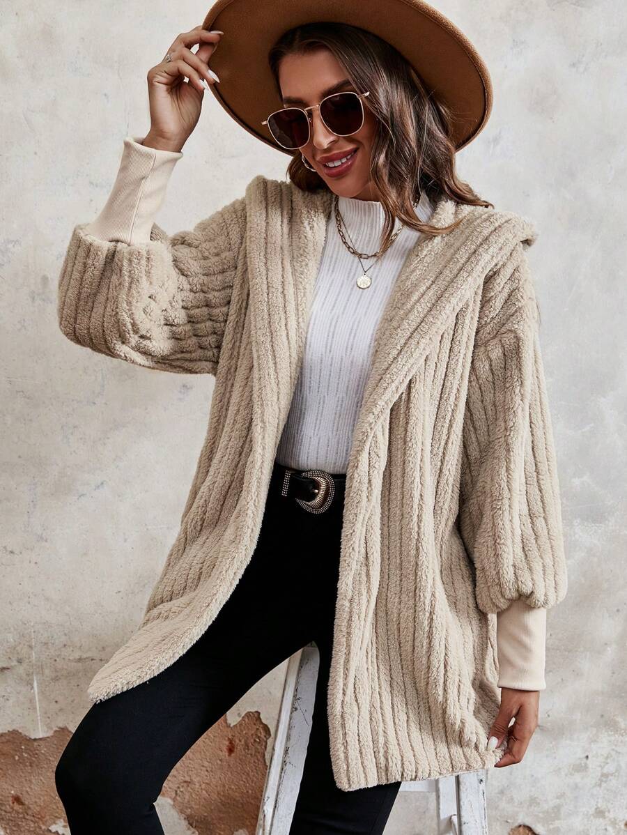 SHEIN Essnce Drop Shoulder Hooded Open Front Teddy Coat - Apricot - View 1