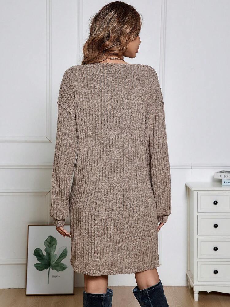 Women's V-neck Lace Panel Ribbed Dress Without Belt