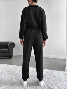 EURMUSE Solid Drop Shoulder Shirt Jumpsuit - Black - View 2