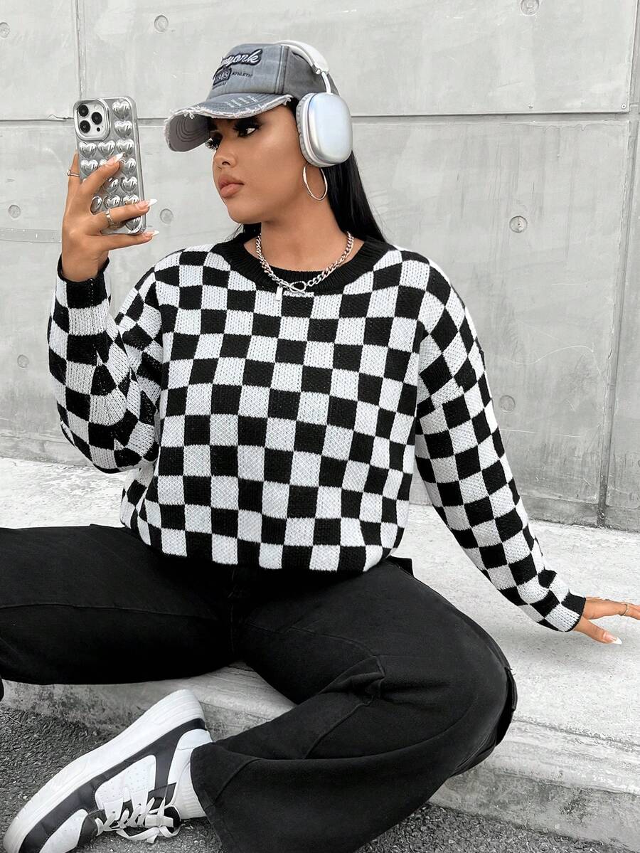 Flirla Plus Checker Pattern Drop Shoulder Sweater - Black and White - View 1