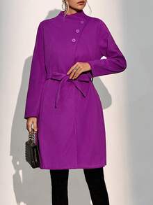 SHEIN Privé Funnel Neck Button Detail Belted Overcoat - Purple - View 4