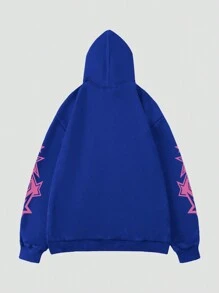 ROMWE MEN Anime Guys Figure & Letter Graphic Zip Up Hoodie - Blue - View 2