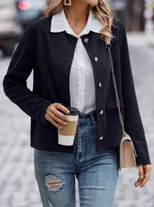 SHEIN LUNE Solid Button Front Jacket - Navy Blue - View 1