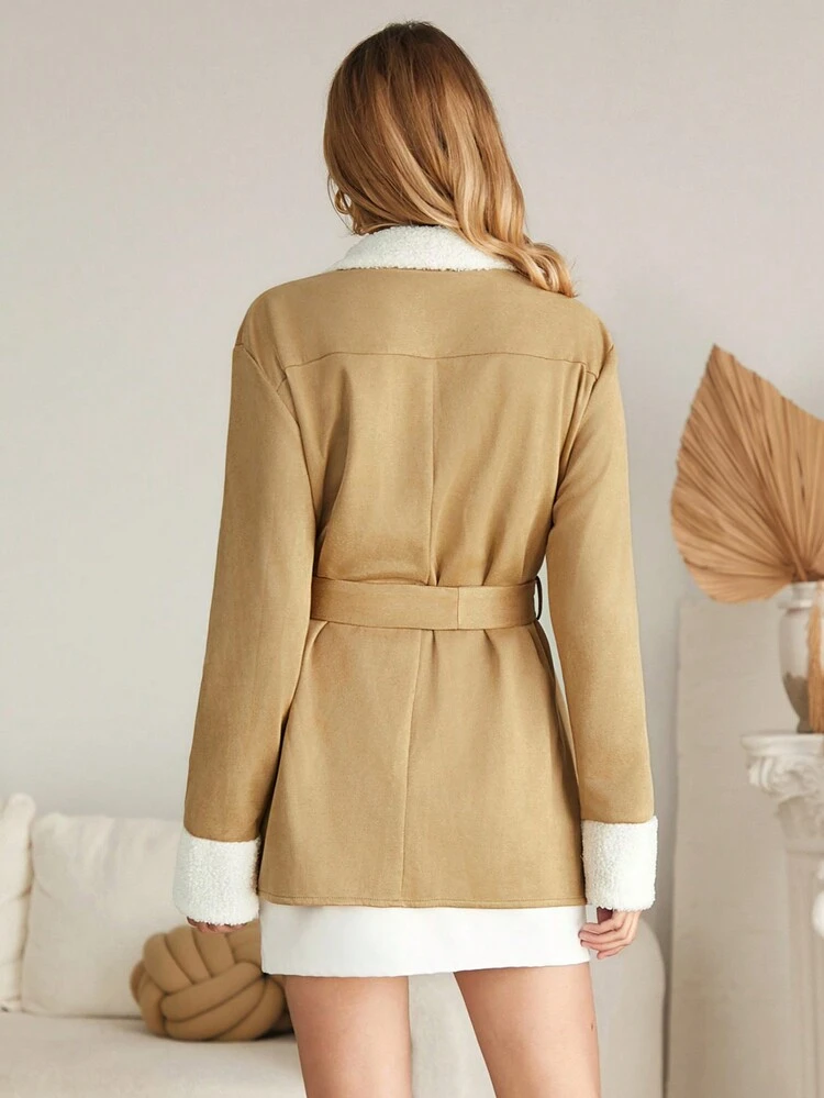 Teddy Trim Button Front Belted Coat