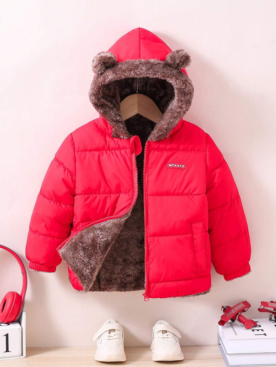 Young Boy Reversible Zipper Up 3D Ears Hooded Padded Coat - Red - View 1