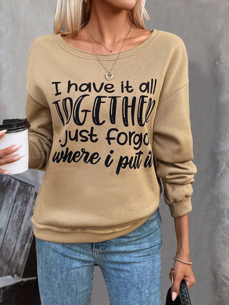 SHEIN LUNE Slogan Graphic Drop Shoulder Sweatshirt Pullover Fall Sweatshirt - Khaki - View 1