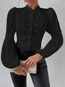 Chiquease 水溶蕾絲拼接燈籠袖襯衫 - 黑色 - 查看 4