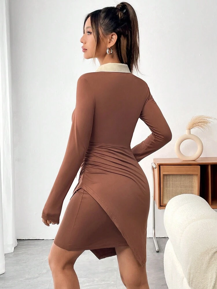 Letter Patched Detail Lace Up Front Ruched Side Bodycon Dress Fall Cloth For Women