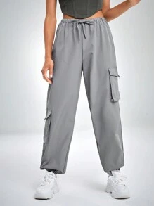 SHEIN ICON Gorpcore Drawstring Waist Flap Pocket Cargo Parachute Trousers - Grey - View 4