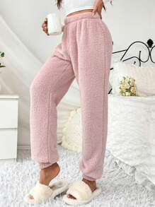 女士舒适休闲粉色法兰绒高弹力长款蓬松裤，秋冬季居家休闲裤