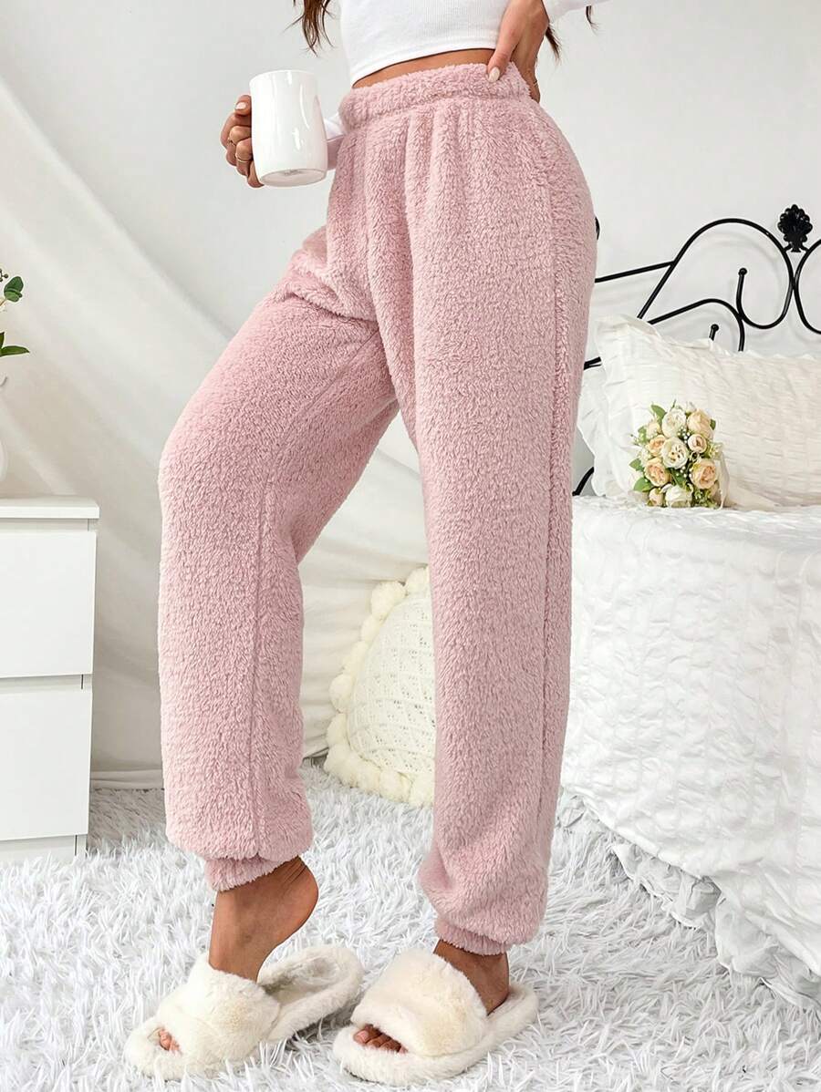 女士舒适休闲粉色法兰绒高弹力长款蓬松裤，秋冬季居家休闲裤