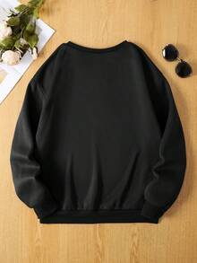 SHEIN EZwear 吉他&字母圖案加絨內裏運動衫 - 黑色 - 查看 2