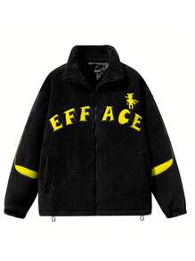 男士時尚字母刺繡羊羔絨夾克 - 黑色 - 查看 1