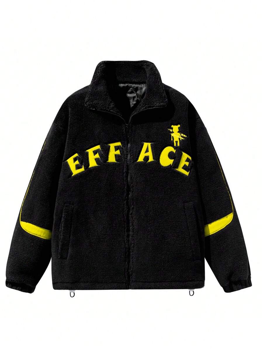 男士時尚字母刺繡羊羔絨夾克 - 黑色 - 查看 1