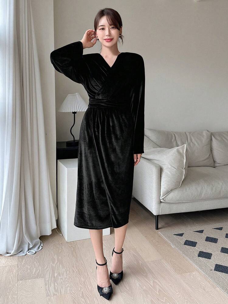 Surplice Neck Ruched Waist Dress,Fall Dress Long Sleeve Dress