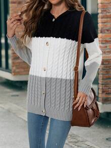 SHEIN LUNE Color Block Cable Knit Button Front Hooded Cardigan - Multicolor - View 3