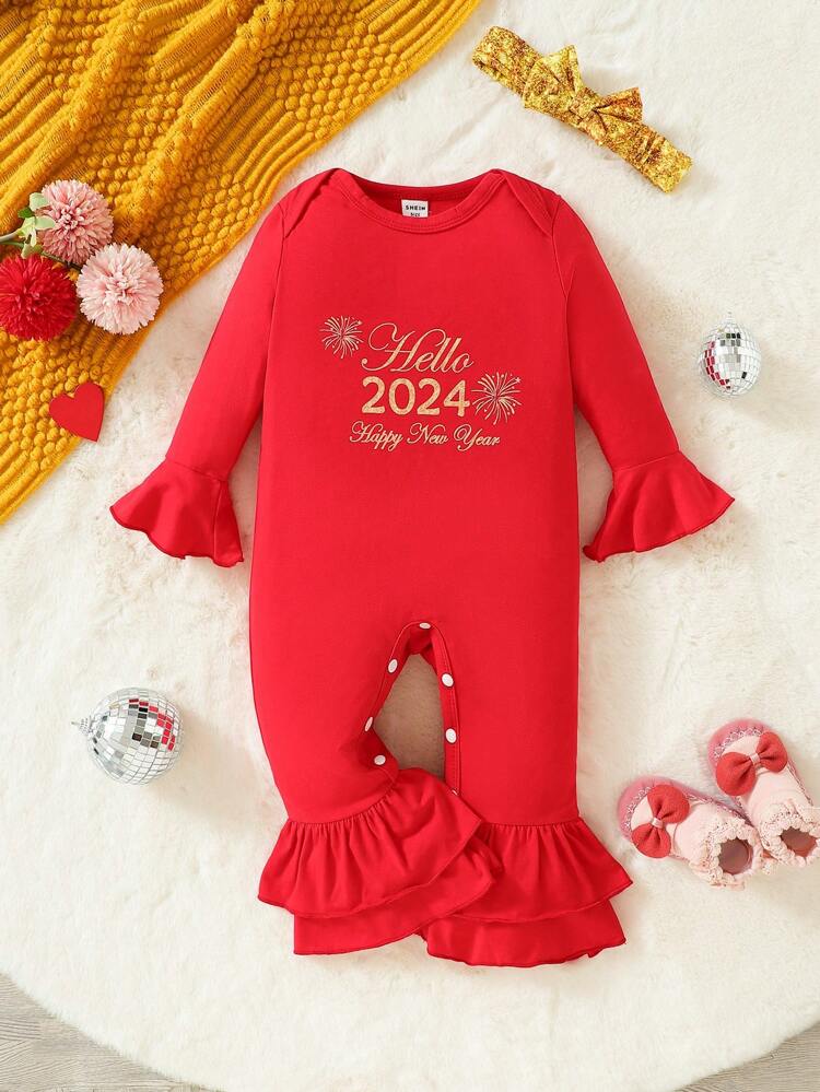 Baby Girl Letter Graphic Flounce Sleeve Ruffle Hem Jumpsuit With Headband