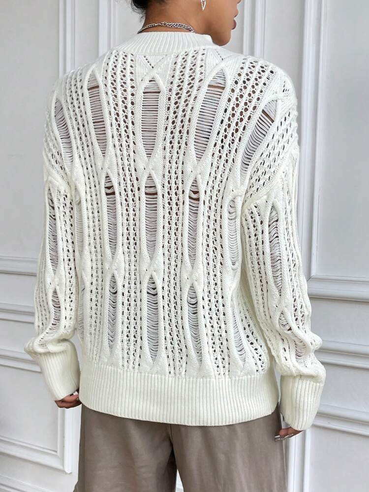 Mock Neck Pointelle Knit Ripped Drop Shoulder Knit Pullover Fall Winter Sweater