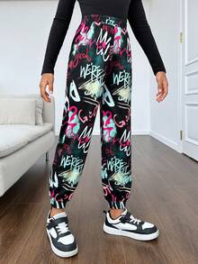 SHEIN 女大童字母圖案彈性腰帶衛褲 - 黑色 - 查看 4