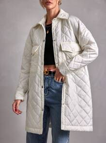 SHEIN Cottnline Flap Pocket Drop Shoulder Quilted Coat - White - View 1
