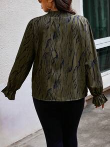 Calvaya Hơn In Toàn bộ tay áo lá sen Lá sen tỉa Cổ giả Áo sơ mi - xanh quân đội - Xem 2