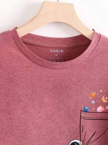 SHEIN Essnce Cartoon Graphic Tee - Coral Pink - View 4