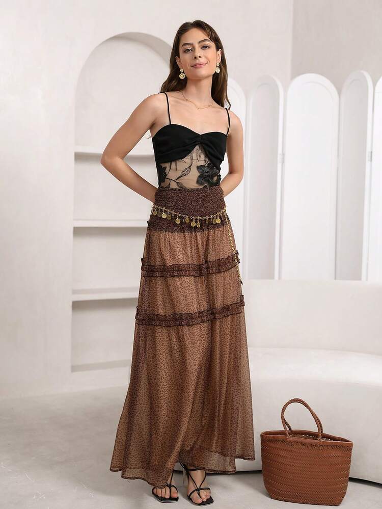 Leopard Print Frill Trim Mesh Overlay Skirt