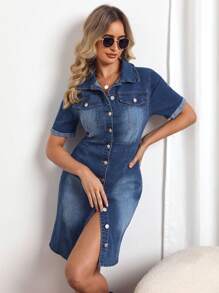 SHEIN Privé Flap Detail Button Through Denim Dress - Dark Wash - View 3