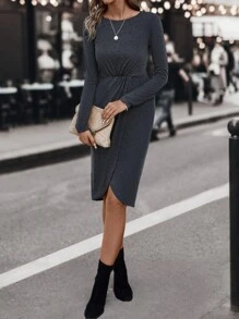 SHEIN LUNE Solid Tulip Hem Fitted Dress - Dark Grey - View 4