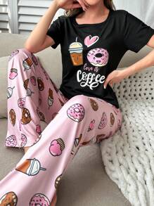 Donut & Slogan Graphic Tee & Pants PJ Set / Pajama Set - Multicolor - View 1