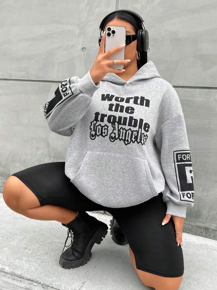 Flirla Plus Size Slogan Graphic Kangaroo Pocket Drop Shoulder Sweatshirt - Grey - View 3