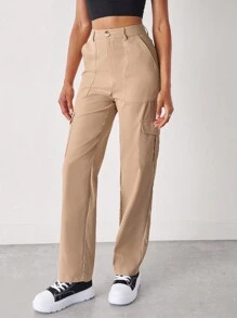 SHEIN Unity High Waist Flap Pocket Side Cargo Trousers - Khaki - View 3