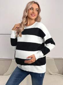 SHEIN Áo len chui đầu cổ tròn dáng rộng cho bà bầu với thiết kế phối màu, dành cho mùa đông - Đen và trắng - Xem 1