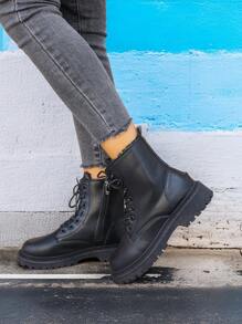 秋冬新款保暖内衬短靴，英伦风时尚百搭女鞋，保暖，黑色，系带和侧拉链设计，圆头高帮靴，厚底 - 黑色 - 查看 5