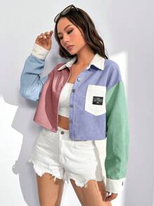 SHEIN EZwear Áo khoác ngắn cài nút có túi vá chữ bằng vải nhung kẻ cho mùa thu/đông - Nhiều màu - Xem 6