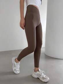 DAZY Solid Asymmetrical Waist Leggings Fall Tights - Coffee Brown - View 4