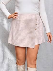 SHEIN Privé Hơn In kẻ sọc Nút phía trước Tweed Váy quần - Hồng - Xem 5