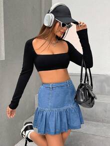 SHEIN Essnce Falda en mezclilla de talle alto bajo con fruncido - Azul lavado medio - Ver 5