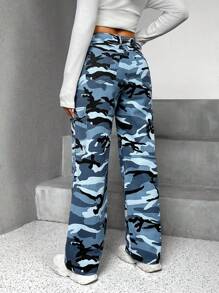 SHEIN PETITE Camo Print Flap Pocket Side Cargo Jeans - Multicolor - View 2