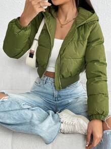 SHEIN PETITE Zip  White Coat - Olive Green - View 7