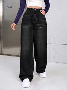 Solid Wide Leg Jeans - Black - View 3
