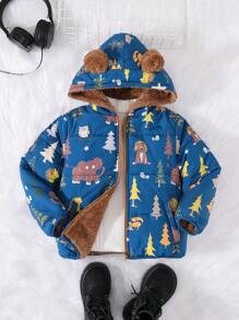 SHEIN 1 peça jaqueta acolchoada com forro quente e grosso para meninos, fofa, solta, desenho animado, animal e árvore, versátil e confortável para o inverno