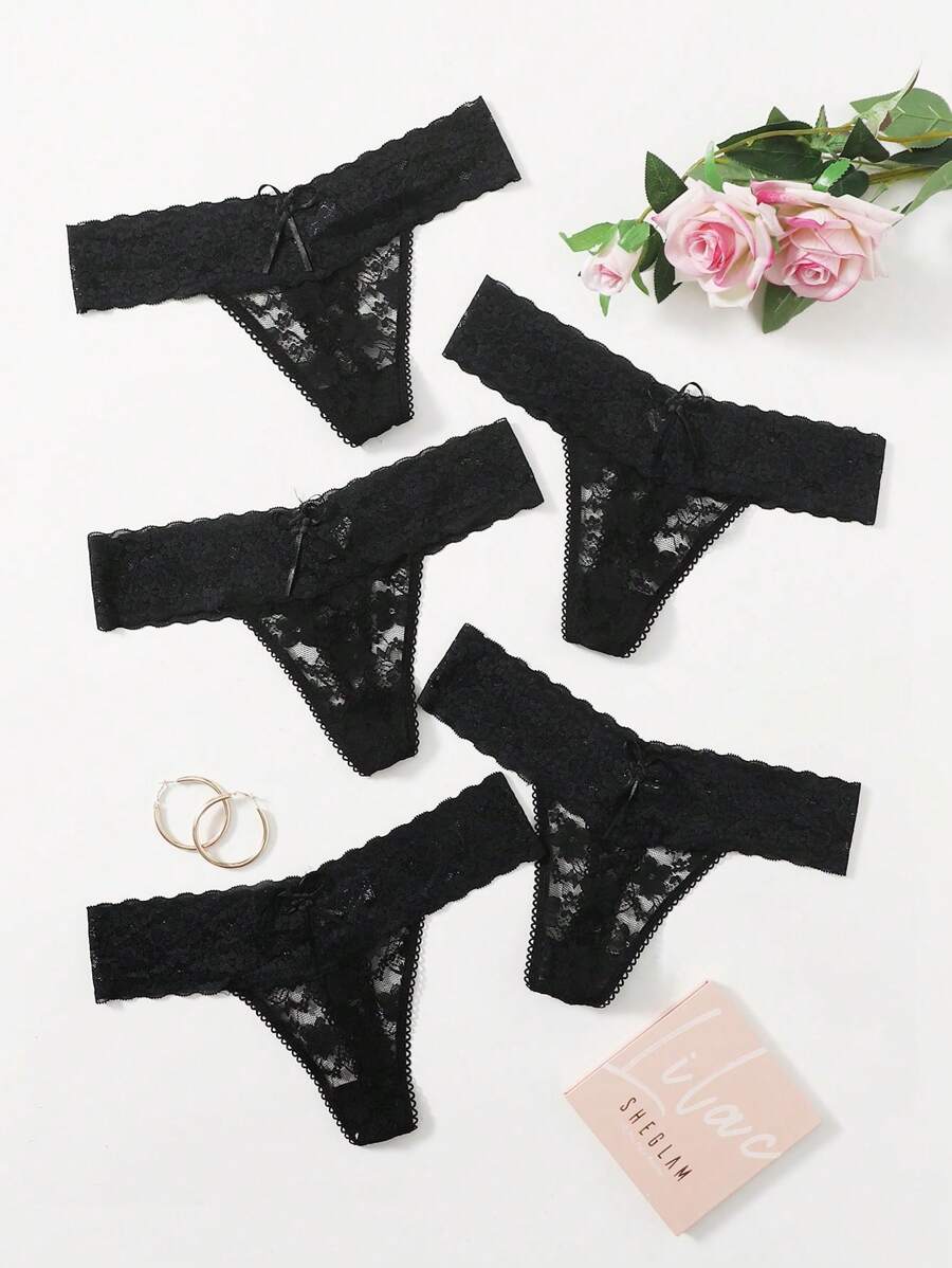 SHEIN 5pack Scallop Trim Lace Thong Set, Sexy Lingerie - Black - View 1