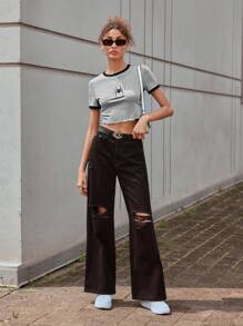 SHEIN ICON Spider Embroidery Contrast Trim Crop Tee - Light Grey - View 6