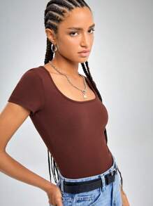 SHEIN EZwear Square Neck Rib-knit Form Fitted Tee - Chocolate Brown - View 5