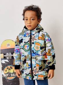 SHEIN Young Boy Cartoon Graphic Hooded Padded Coat