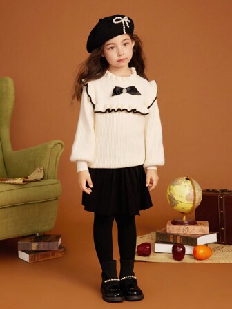 Tween Girl Bow Front Lantern Sleeve Ruffle Trim Sweater