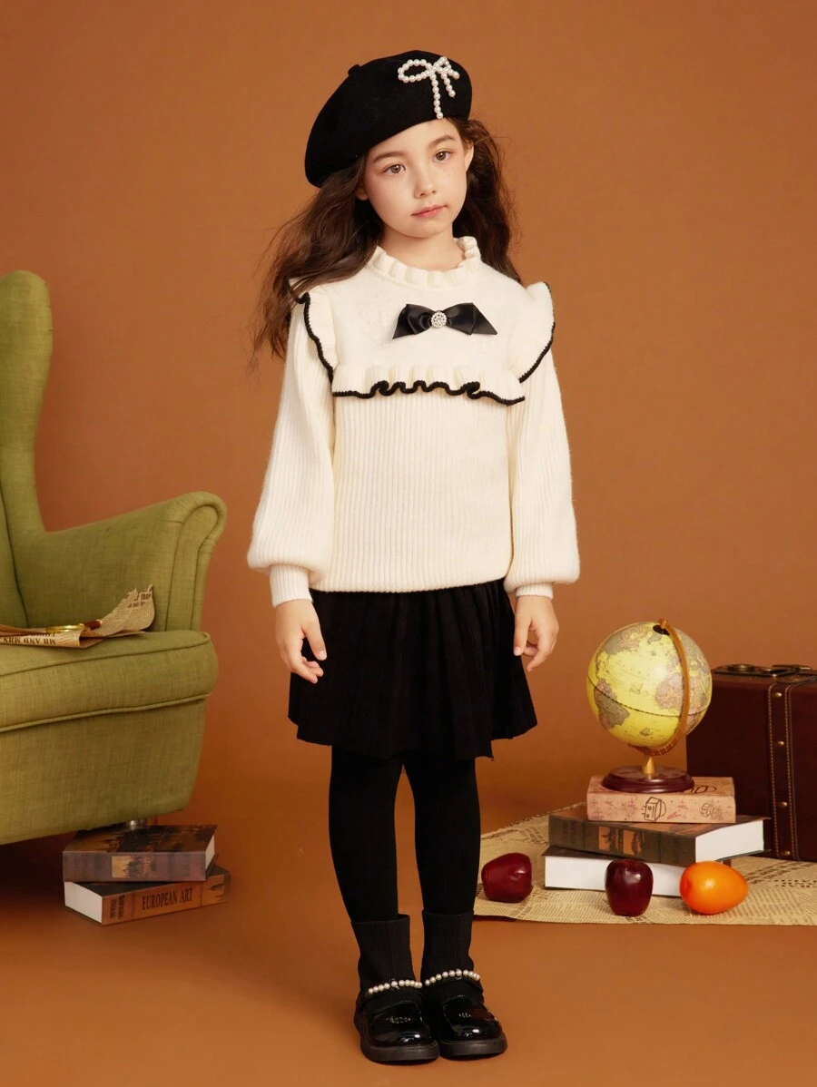 Tween Girl Bow Front Lantern Sleeve Frill Trim Sweater - Beige - View 1