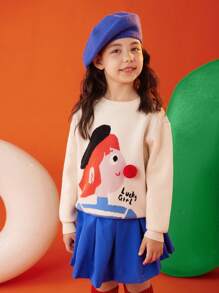 Tween Girl Figure Graphic Pom Pom Detail Sweater - Apricot - View 5