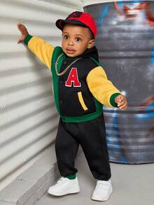 SHEIN 男嬰字母圖案撞色連帽夾克和褲子 - 彩色 - 查看 4